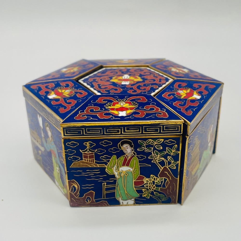 Peking Jewelry Cloisonne Enamel 7-Piece Puzzle Trinket Box Set Blue Floral - Picture 6 of 17